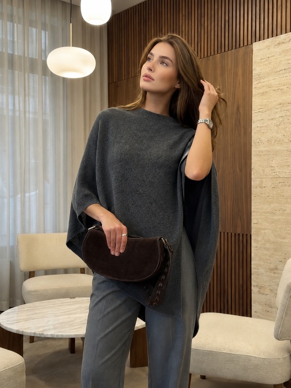 MORI Poncho Suéter Gris Oscuro Otoño Invierno Mujer Oversized Capa de Punto Pullover Tops Lujo Silencioso Chic Elegante Trabajo Oficina Vacaciones Salidas