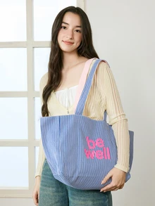 Okurime. This Double-Sided Striped Canvas Bag Is A Lightweight Business And Casual Shopping Bag, Perfect For Girls, College Students - Blue - View 3