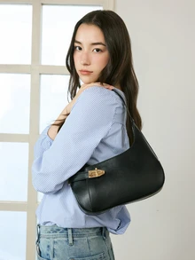 Okurime. Medium Hobo Bag Black Buckle Decor Fashionable Business Casual Bag For Women, Perfect For Office, Business And Work - Black - View 1