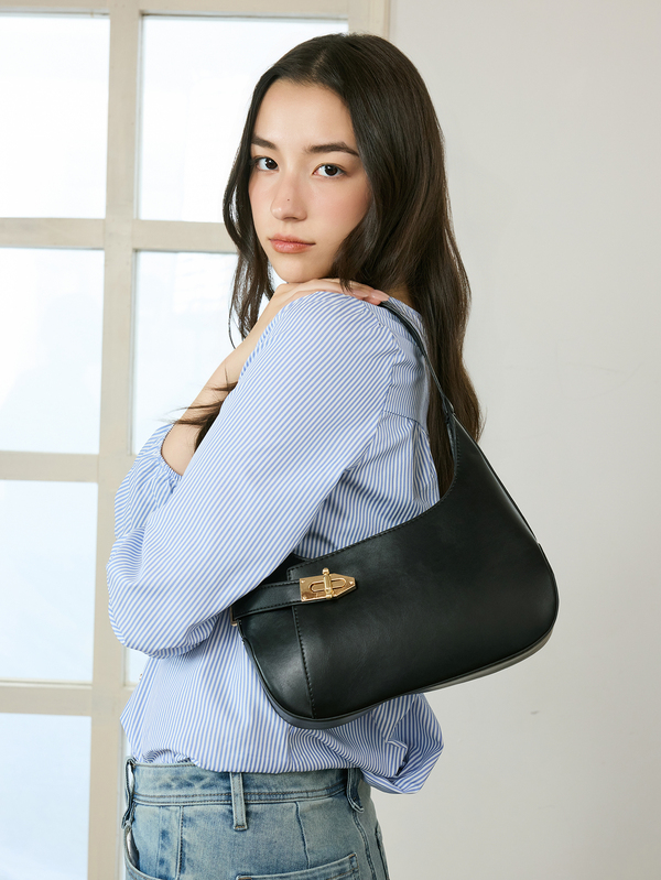 Okurimé Medium Hobo Bag Black Buckle Decor Fashionable Business Casual Bag For Women, Perfect For Office, Business And Work