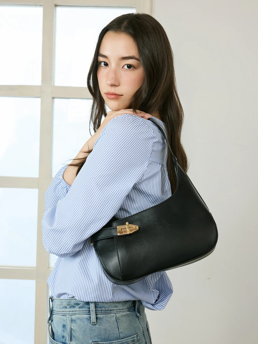 Okurime. Medium Hobo Bag Black Buckle Decor Fashionable Business Casual Bag For Women, Perfect For Office, Business And Work - Black - View 1