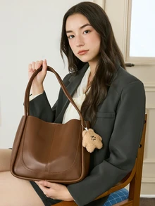 Okurime. 1 Buah Bahan PU Dipadukan dengan Liontin Plush Bintang, Sambungan Warna Polos Sederhana, Tas Tote Kapasitas Besar Wanita, Tas Bahu, Tas Tangan - MultiWarna - View 3