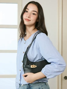 Okurime. Medium Hobo Bag Black Buckle Decor Fashionable Business Casual Bag For Women, Perfect For Office, Business And Work - Black - View 4