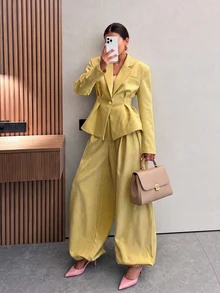 女款秋季優雅休閒黃色鈕扣開襟長袖西裝外套與長褲兩件套，適合度假、辦公、外出 - 黃色 - 查看 1