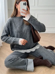 Sweater Kasual Wanita Kerah Renda dengan Warna Polos dan Benang Bercorak untuk Musim Gugur - Grey - View 2