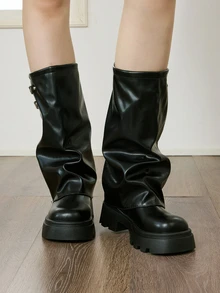 Okurimé 女士復古西部牛仔靴，厚底中筒拉鍊騎馬靴，圓頭粗跟搭扣筒靴 - 黑色 - 查看 5