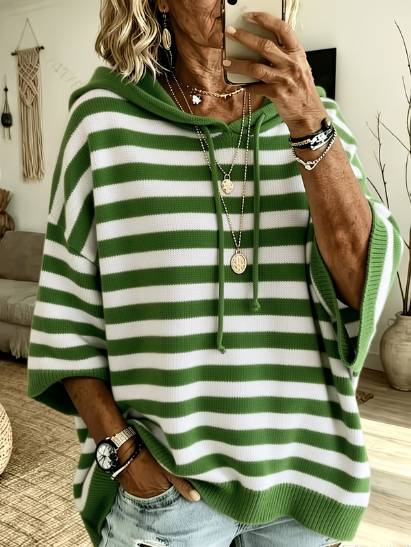 Hoodie Rajut Longgar Vintage Bergaris Hijau dan Putih Wanita Terbaru, Cocok untuk Pakaian Santai di Rumah atau Aktivitas Luar Ruangan