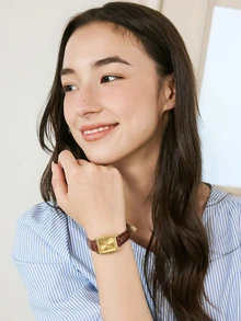 Okurimé 1件女士PU皮錶帶手錶，復古英倫風小錶盤石英錶，小眾奢華時尚 - 棕色 - 查看 1