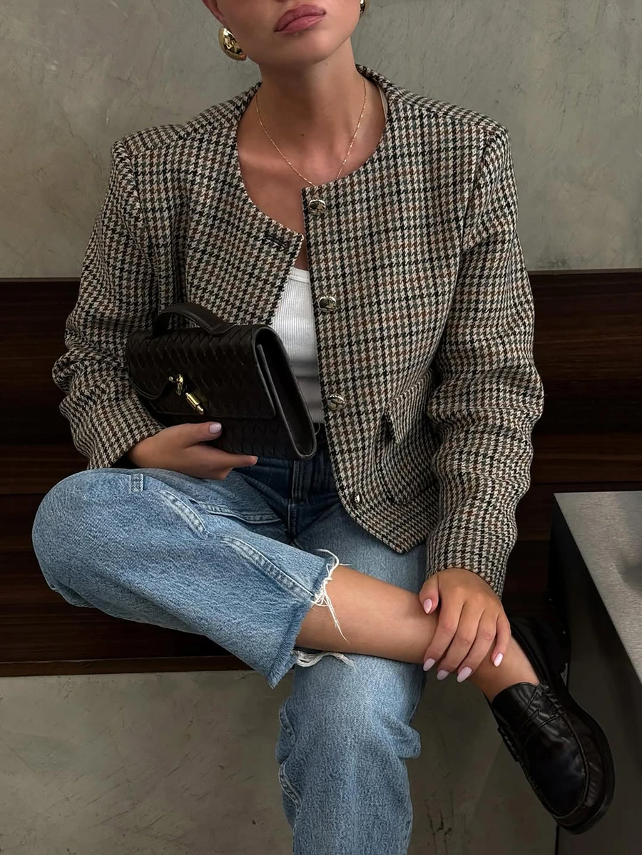 Women's Brown Houndstooth Long Sleeve Round Neck Metal Button Decor Jacket Coat, Autumn/Winter - Brown - View 1