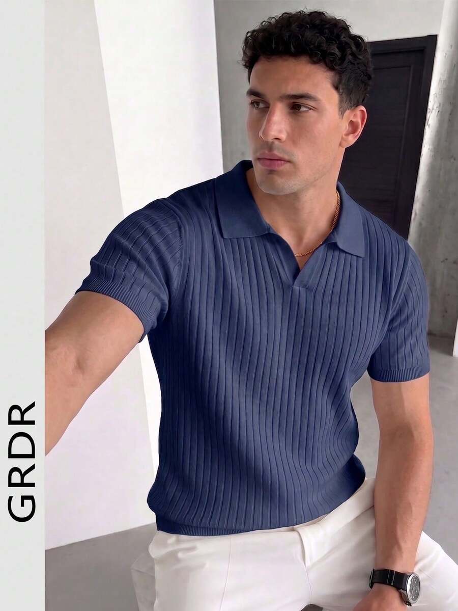 GRDR Men's Summer Lightweight Knit Sweater, Fashionable Ribbed Solid Color Short Sleeve, Suitable For Casual Sports