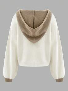 Women's Contrast Color Button Hooded Knit Cardigan, Casual Long Sleeve Pullover Sweater, Women's Daily Knitwear, Autumn/Winter Fall - Khaki - View 2