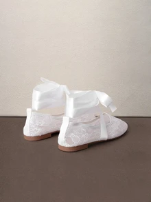 Hatastic Bow-Tie Bowknot Summer New Women's Flat Shoes, Comfortable Breathable Lace Mesh Flat Shoes, Fashionable Casual Gentle Elegant Ballet Shoes - White - View 3