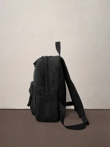 Hatastic Ransel Wanita Bergaya dan Sederhana dari Kain Korduroi Warna Polos, Ransel Sekolah, Tas Sekolah, Tas Buku Sekolah, Ransel Besar - Hitam - View 4