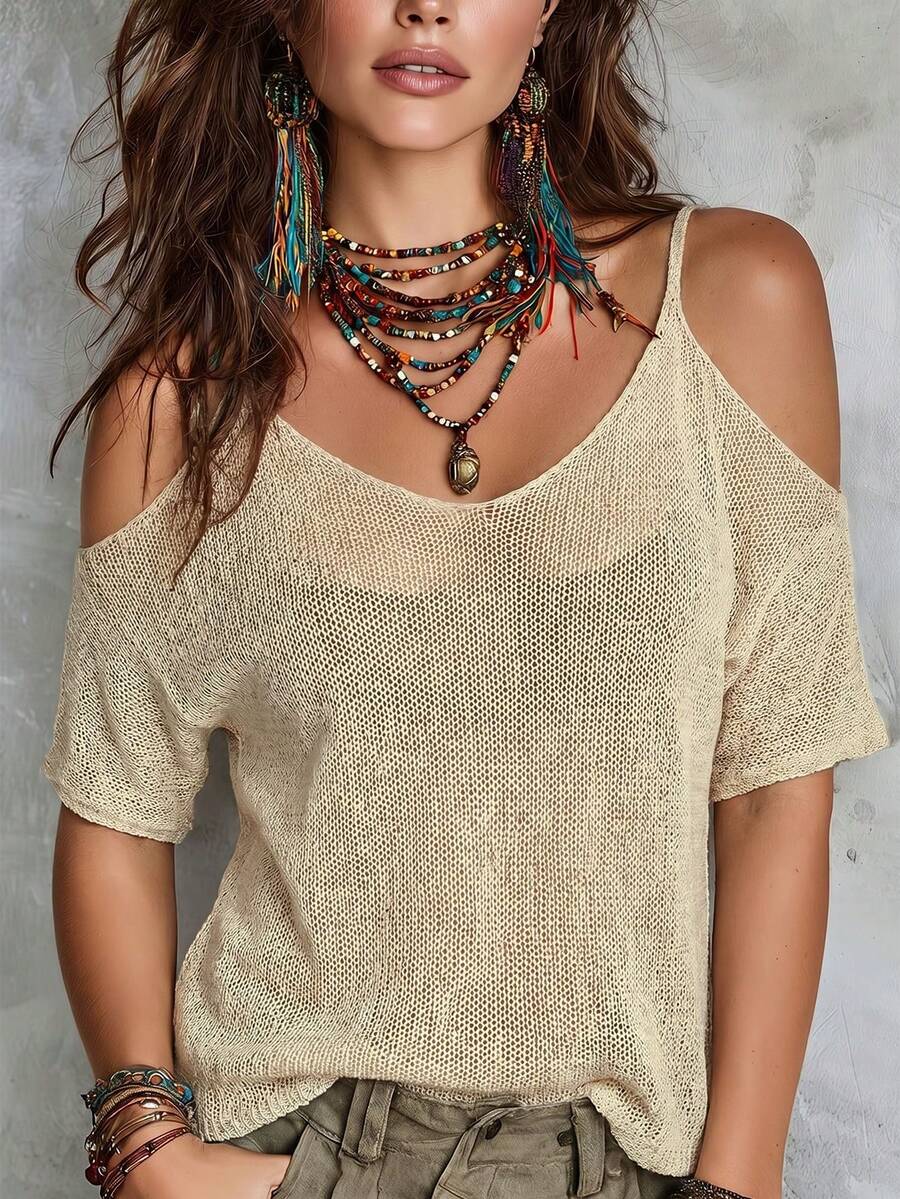 Women's Crochet Cold Shoulder Sleeveless Crop Top, Fashionable Casual Loose Elegant Sexy Versatile For Summer - Apricot - View 1