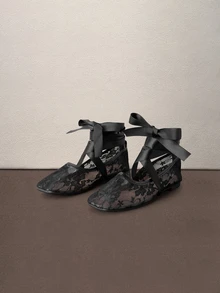 Hatastic Bowknot Bowknot Summer New Women Flat Shoes, Comfortable Breathable Lace Mesh Flat Shoes, Fashionable Casual Gentle Elegant Ballet Shoes Halloween - Black - View 1