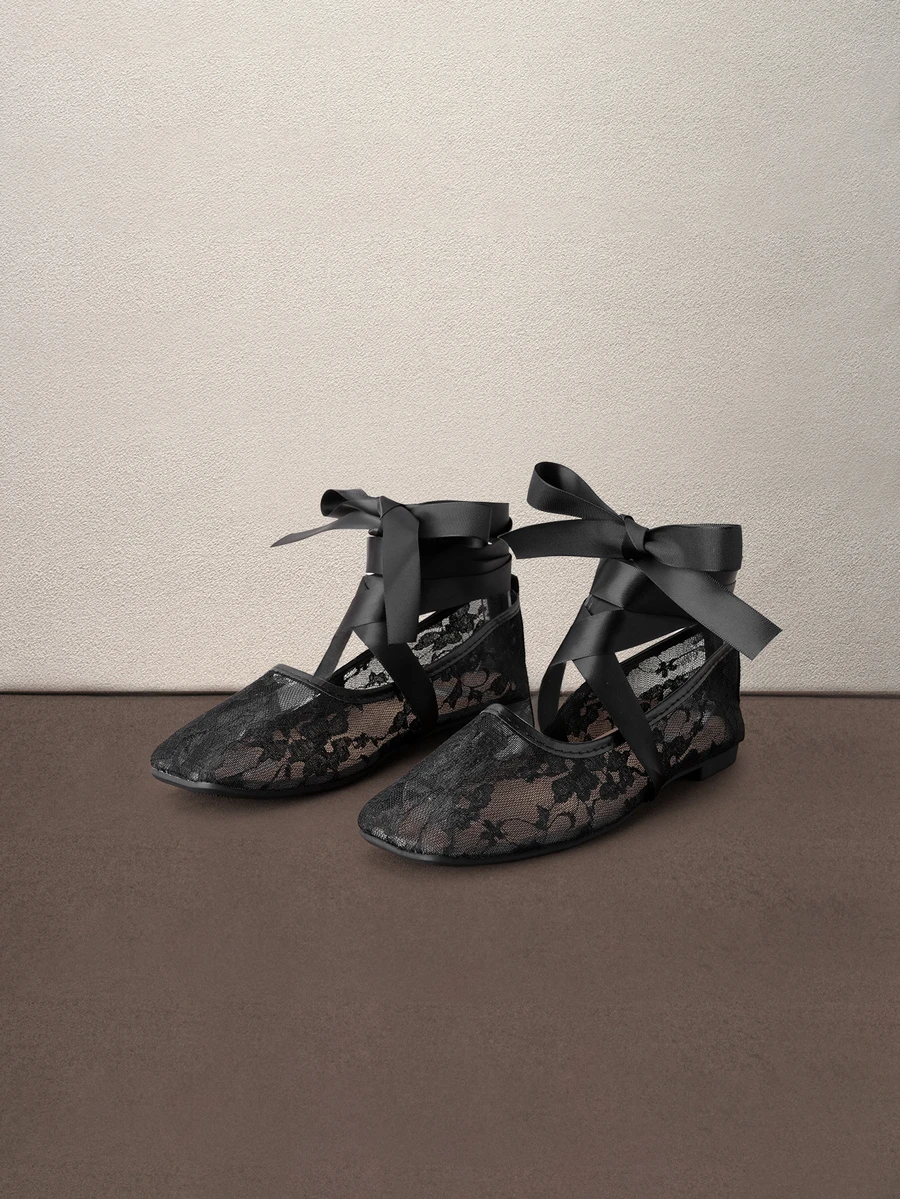 Hatastic Bowknot Bowknot Summer New Women Flat Shoes, Comfortable Breathable Lace Mesh Flat Shoes, Fashionable Casual Gentle Elegant Ballet Shoes Halloween - Black - View 1