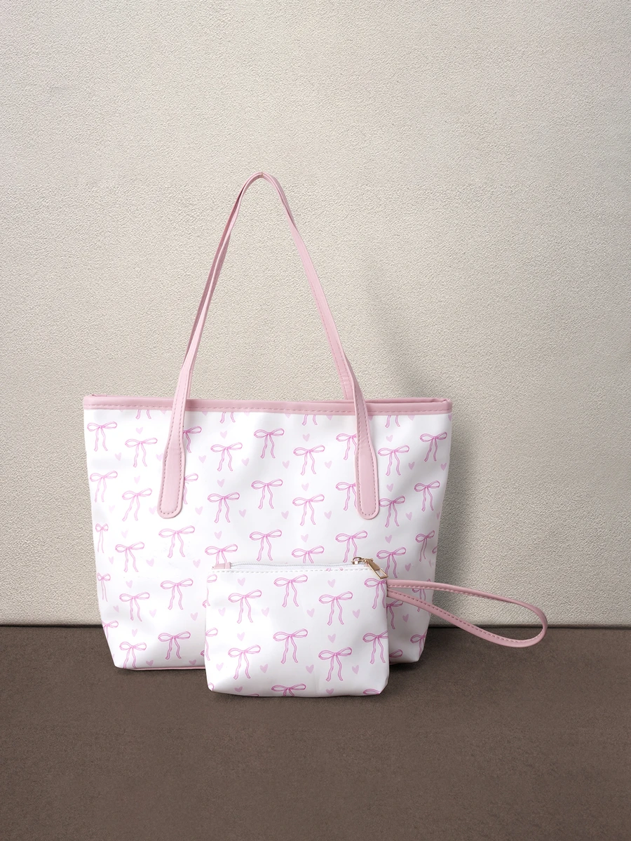 Hatastic 1pc Fashion Contrast Color Bow Print Shoulder Bag, Minimalist And Lightweight, Multi-Pocket Design, Large Capacity Halloween - White - View 1