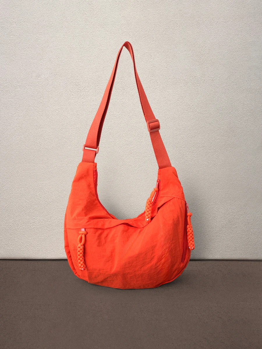 Hatastic Fashionable Solid Color Nylon Waterproof Shoulder Bag, Casual Minimalist College Style, Wide Strap Crossbody Bag With Multiple Zipper Design Halloween - Orange - View 1