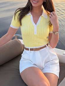 女款 Polo 領前開鈕扣拼接鏤空修身短袖針織套頭上衣，法式優雅輕便可愛夏季上衣 - 黃色 - 查看 1