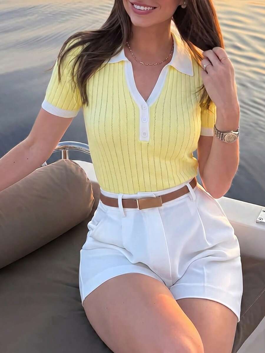 女款 Polo 領前開鈕扣拼接鏤空修身短袖針織套頭上衣,法式優雅輕便可愛夏季上衣 - 黃色 - 查看 1
