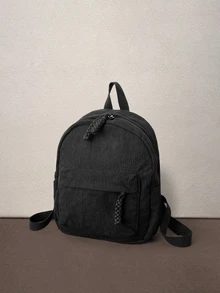 Hatastic Ransel Wanita Bergaya dan Sederhana dari Kain Korduroi Warna Polos, Ransel Sekolah, Tas Sekolah, Tas Buku Sekolah, Ransel Besar - Hitam - View 2