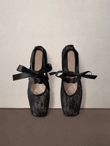 Hatastic Bowknot Bowknot Summer New Women Flat Shoes, Comfortable Breathable Lace Mesh Flat Shoes, Fashionable Casual Gentle Elegant Ballet Shoes Halloween - Black - View 2