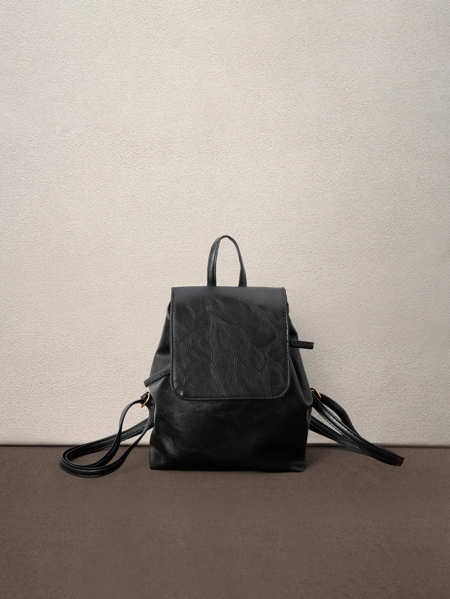 Hatastic Ransel PU Kapasitas Besar, Ransel Serut Gaya Minimalis Niche, Tas Kantor/Liburan Klasik, Desain Korea, Kembali ke Sekolah - Hitam - View 1