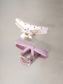 Hatastic 2pcs/Set Women's ABS White Polka Dot Hair Clips And Pink Bow Hair Clips, Fashion Versatile,   Halloween - Multicolor - View 3