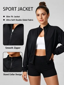 Women's Solid Color Long Sleeve Zip-Up Casual Sports Jacket Black - Black - View 2