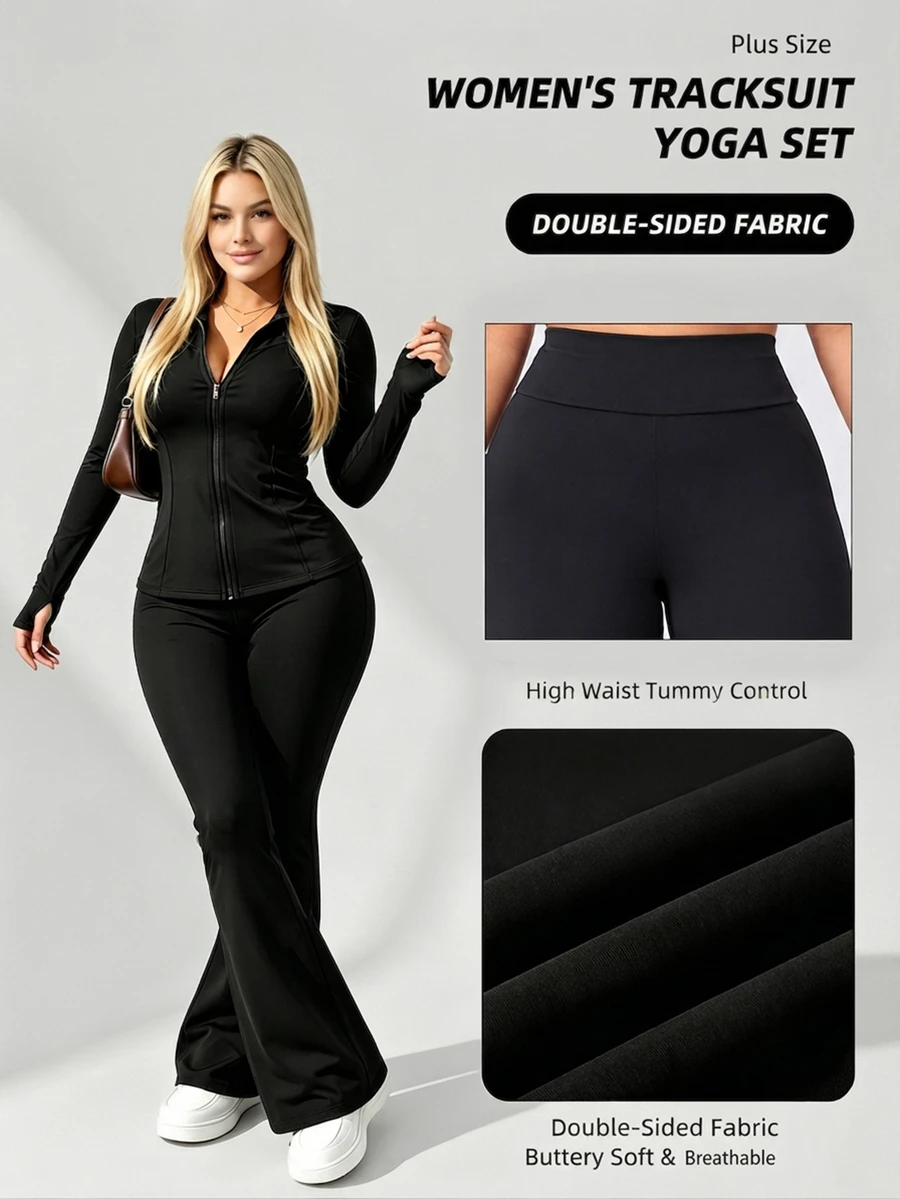 Plus Size Solid Color Fitted Jacket And Flare Pants Sports Set Black - Black - View 1