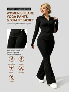 Plus Size Solid Color Fitted Jacket And Flare Pants Sports Set Black - Black - View 2