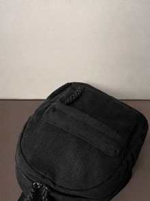 Hatastic Ransel Wanita Bergaya dan Sederhana dari Kain Korduroi Warna Polos, Ransel Sekolah, Tas Sekolah, Tas Buku Sekolah, Ransel Besar - Hitam - View 5