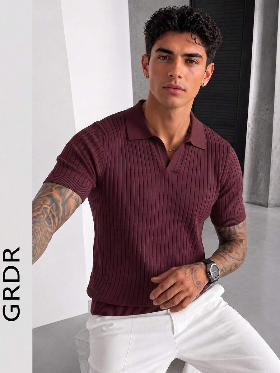GRDR Men's Summer Lightweight Knit Sweater, Fashion Ribbed Solid Color Short Sleeve, Suitable For Casual Sports