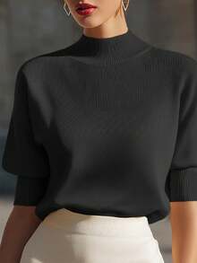 Women's V-Neck Solid Color Dropped Shoulder Short Sleeve Loose Casual Knit Top, Minimalist Elegant French Style, Daily Black Summer, Old Money - Black - View 2