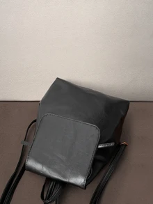 Hatastic Ransel PU Kapasitas Besar, Ransel Serut Gaya Minimalis Niche, Tas Kantor/Liburan Klasik, Desain Korea, Kembali ke Sekolah - Hitam - View 5
