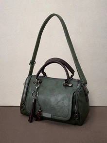 Hatastic Tassel Decor Handbag, Women's Large Capacity Shoulder Bag, Fashion Zipper Crossbody Bag With Detachable Strap, Christmas Gift - Green - View 2