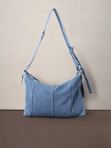 Hatastic 1pc Fashion Striped Patchwork Decor Water-Washed Canvas Crossbody Bag For Women, Suitable For Travel And Parties Halloween - Baby Blue - View 3