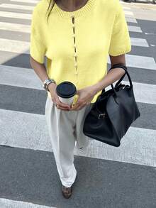 Round Neck Solid Color Pearl Button Short Sleeve Casual Versatile Knit Cardigan, Loose Fit, Suitable For Everyday Wear - Yellow - View 2
