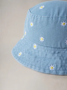 Hatastic 1pc Women's Summer Embroidered Daisy Pattern Washed Effect Wide Brim Sun Hat, Suitable For Small Face, Shading, Fashion, Versatile Bucket Hat, Outdoor, Travel, Shopping, Beach, Daily Matching Halloween - Multicolor - View 4