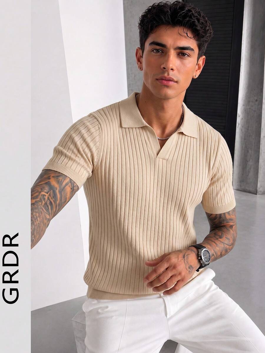 GRDR Men's Summer Lightweight Knit Sweater, Fashion Ribbed Solid Color Short Sleeve, Suitable For Casual Sports