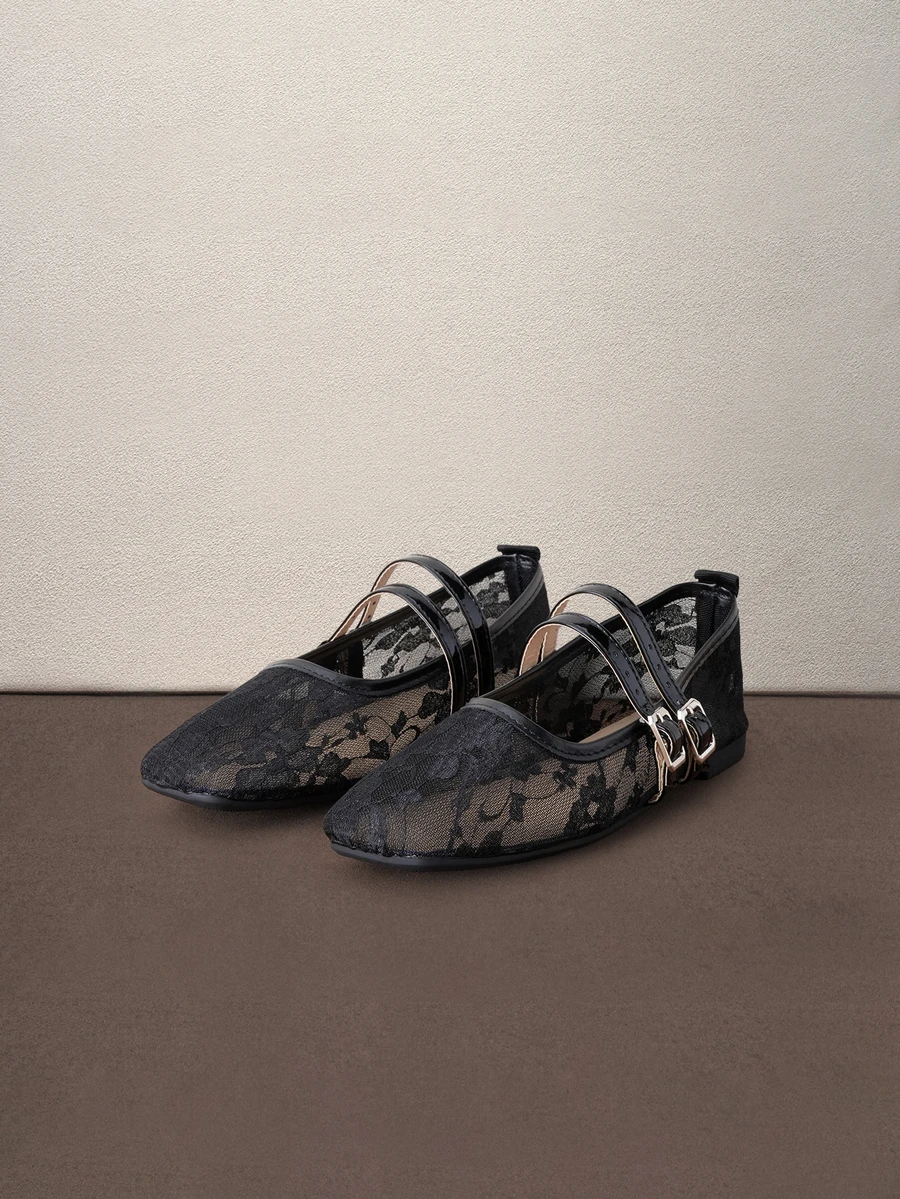 Hatastic New Summer Lace Mesh Women's Flat Shoes, Hollow Out Breathable Fashion Mary Jane Ballet Shoes With Thin Strap Buckle Halloween - Black - View 1