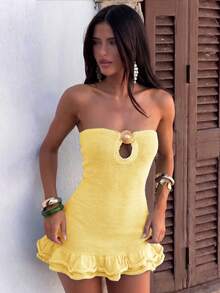 Gaun Mini Rajut Tanpa Tali Warna Polos untuk Wanita, Desain Belahan Depan, Gesper Logam Asimetris, Siluet Bodycon, Hem Berumbai Seksi, Busana Musim Panas yang Elegan - Kuning - View 1