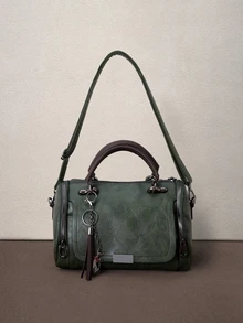 Hatastic Tassel Decor Handbag, Women's Large Capacity Shoulder Bag, Fashion Zipper Crossbody Bag With Detachable Strap, Christmas Gift - Green - View 1