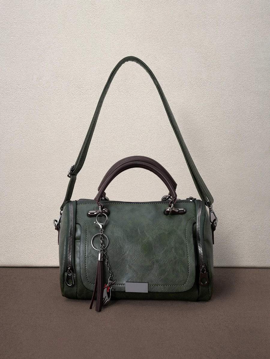 Hatastic Tassel Decor Handbag, Women's Large Capacity Shoulder Bag, Fashion Zipper Crossbody Bag With Detachable Strap, Christmas Gift - Green - View 1