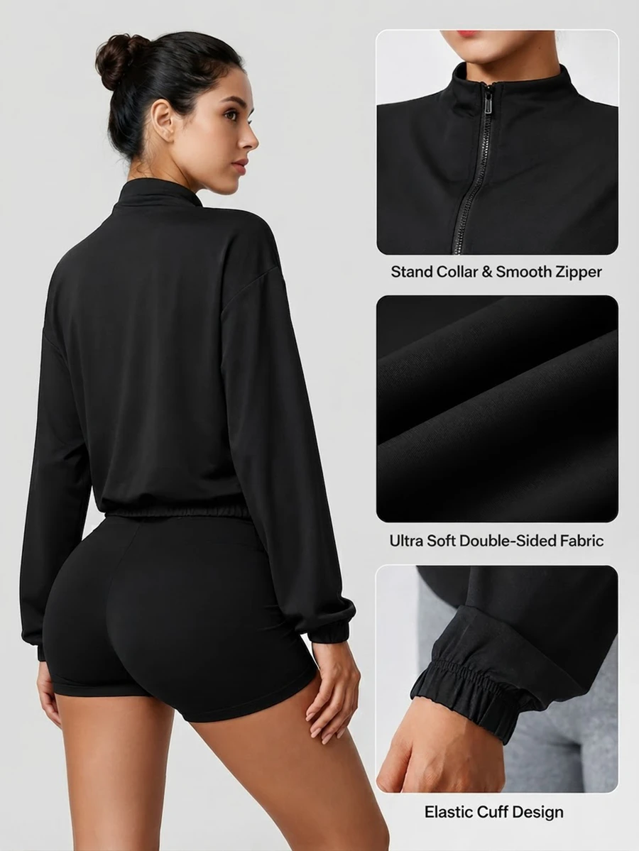Women's Solid Color Long Sleeve Zip-Up Casual Sports Jacket Black - Black - View 1