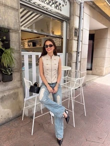 Solid Color Casual Party Vacation French Vintage Linen Texture Stand Collar Vest, Napoleon Style Double-Breasted Gold Button Zipper Slim Fit Summer - Beige - View 2