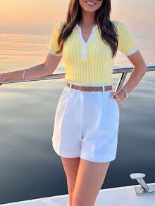 女款 Polo 領前開鈕扣拼接鏤空修身短袖針織套頭上衣，法式優雅輕便可愛夏季上衣 - 黃色 - 查看 2