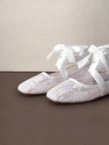 Hatastic Bow-Tie Bowknot Summer New Women's Flat Shoes, Comfortable Breathable Lace Mesh Flat Shoes, Fashionable Casual Gentle Elegant Ballet Shoes - White - View 2
