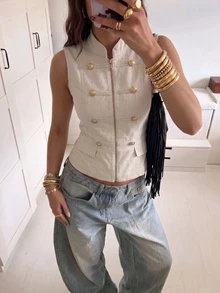 Solid Color Casual Party Vacation French Vintage Linen Texture Stand Collar Vest, Napoleon Style Double-Breasted Gold Button Zipper Slim Fit Summer - Beige - View 1