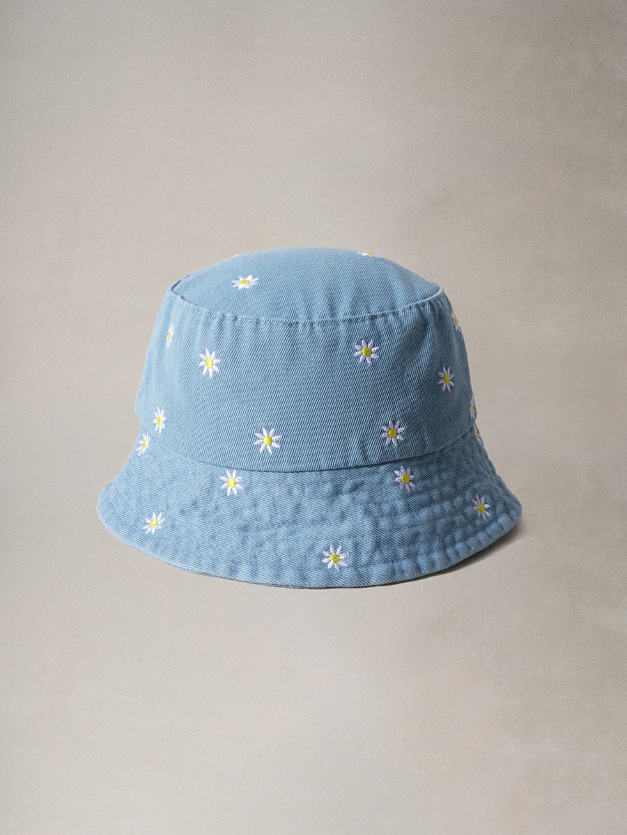 Hatastic 1pc Women's Summer Embroidered Daisy Pattern Washed Effect Wide Brim Sun Hat, Suitable For Small Face, Shading, Fashion, Versatile Bucket Hat, Outdoor, Travel, Shopping, Beach, Daily Matching Halloween - Multicolor - View 1